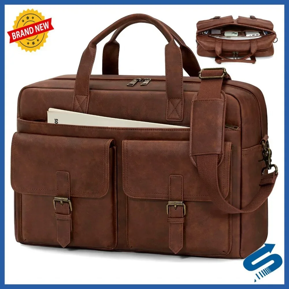 Vintage Leather Messenger Bag Classic Retro Briefcase for Work Travel Office